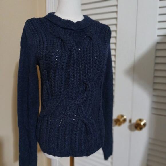 Joan Vass Small Navy Chunky-Cable-Knit Long-Sleeved Sweater Wool Blend - Picture 3 of 14